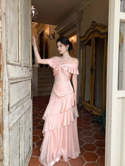 Aimishang Elegant Off Shoulder Long Prom Dress Ruffle Evening Gown Party Dress Pretty Wedding Guest Dress