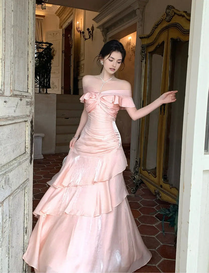 Aimishang Elegant Off Shoulder Long Prom Dress Ruffle Evening Gown Party Dress Pretty Wedding Guest Dress