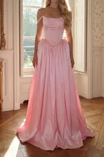 Aimishang Elegant Off The Shoulder A-Line Satin Long Prom Dress Lovely Wedding Guest Party Dress