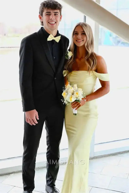 Aimishang Elegant Off The Shoulder Maxi Dress Yellow Satin Long Formal Prom Dresses Simple Graduation Dress Charming Party Evening Gowns