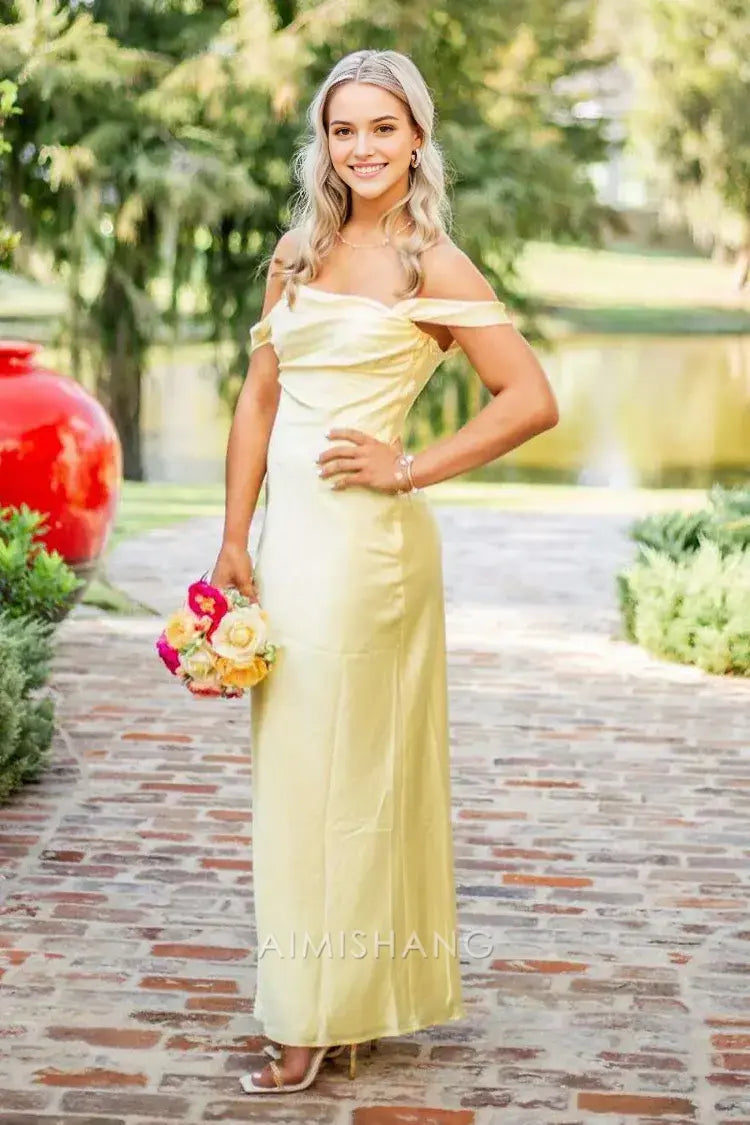 Aimishang Elegant Off The Shoulder Maxi Dress Yellow Satin Long Formal Prom Dresses Simple Graduation Dress Charming Party Evening Gowns