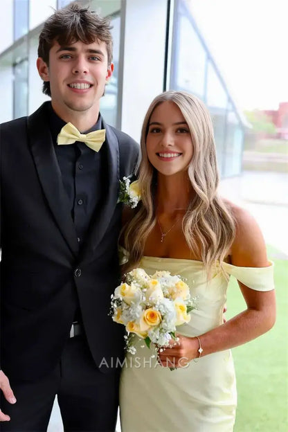 Aimishang Elegant Off The Shoulder Maxi Dress Yellow Satin Long Formal Prom Dresses Simple Graduation Dress Charming Party Evening Gowns