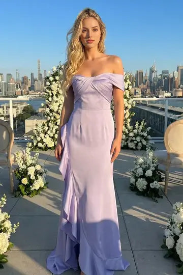 Aimishang Elegant Off The Shoulder Ruffle Long Prom Dress Lovely Wedding Guest Party Dress