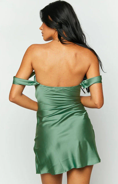 Aimishang Elegant Off the Shoulder Green Satin Mini Short Summer Homecoming Dress Cute Graduation Party Dress