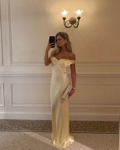 Aimishang Elegant Off the Shoulder Yellow Satin Long Formal Prom Dress Pretty Graduation Dress Simple Evening Gowns
