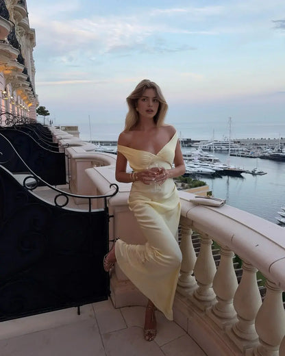 Aimishang Elegant Off the Shoulder Yellow Satin Long Formal Prom Dress Pretty Graduation Dress Simple Evening Gowns