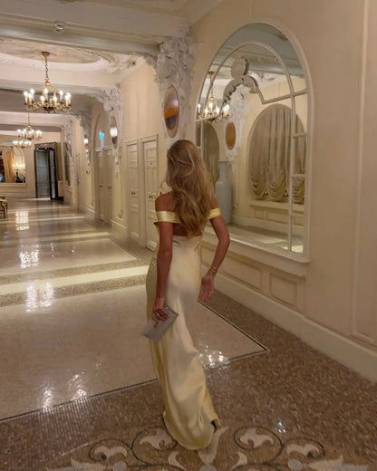 Aimishang Elegant Off the Shoulder Yellow Satin Long Formal Prom Dress Pretty Graduation Dress Simple Evening Gowns
