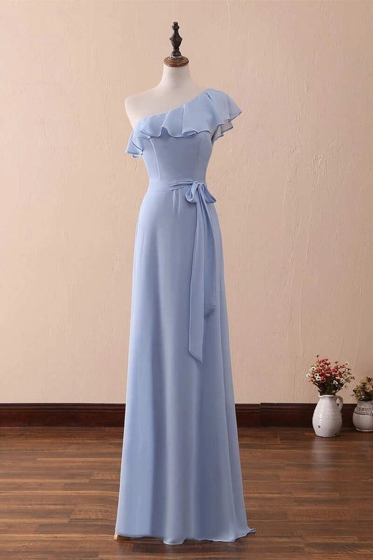 Aimishang Elegant One-Shoulder A-Line Ruffled Chiffon Long Bridesmaid Dress Chic Wedding Guest Party Dress for Women