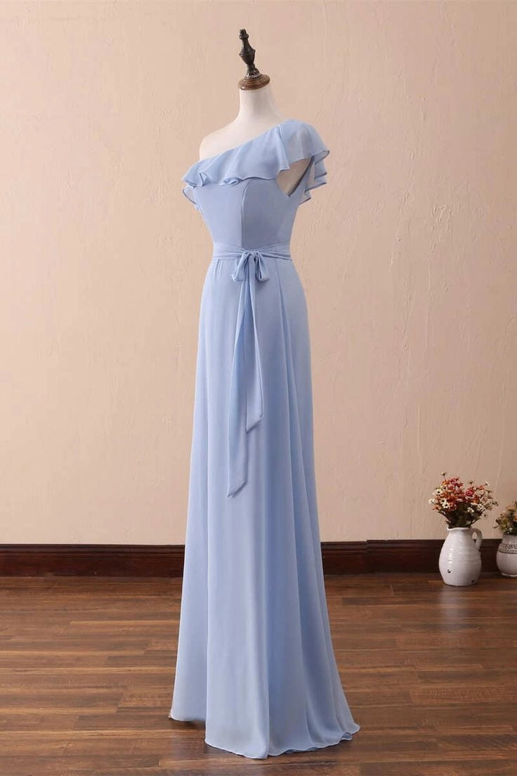 Aimishang Elegant One-Shoulder A-Line Ruffled Chiffon Long Bridesmaid Dress Chic Wedding Guest Party Dress for Women
