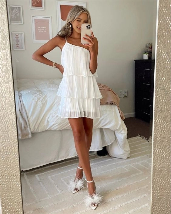 Aimishang Elegant One-shoulder A Line Sleeveless Pleated Short Summer Homecoming Dress Sweet Graduation Party Dress
