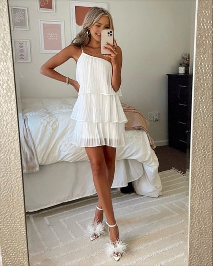 Aimishang Elegant One-shoulder A Line Sleeveless Pleated Short Summer Homecoming Dress Sweet Graduation Party Dress