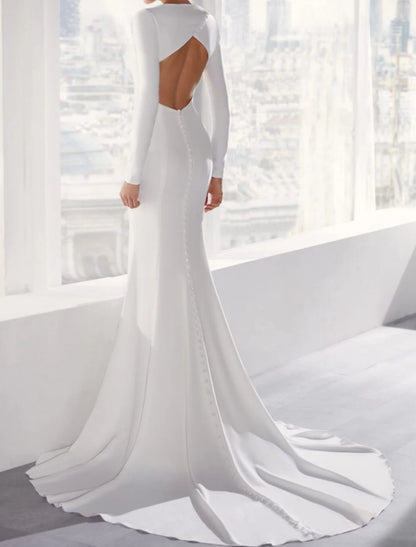 Aimishang Elegant Open Back Casual Wedding Dresses Mermaid / Trumpet Scoop Neck Long Sleeve Court Train Bridal Gowns With Buttons