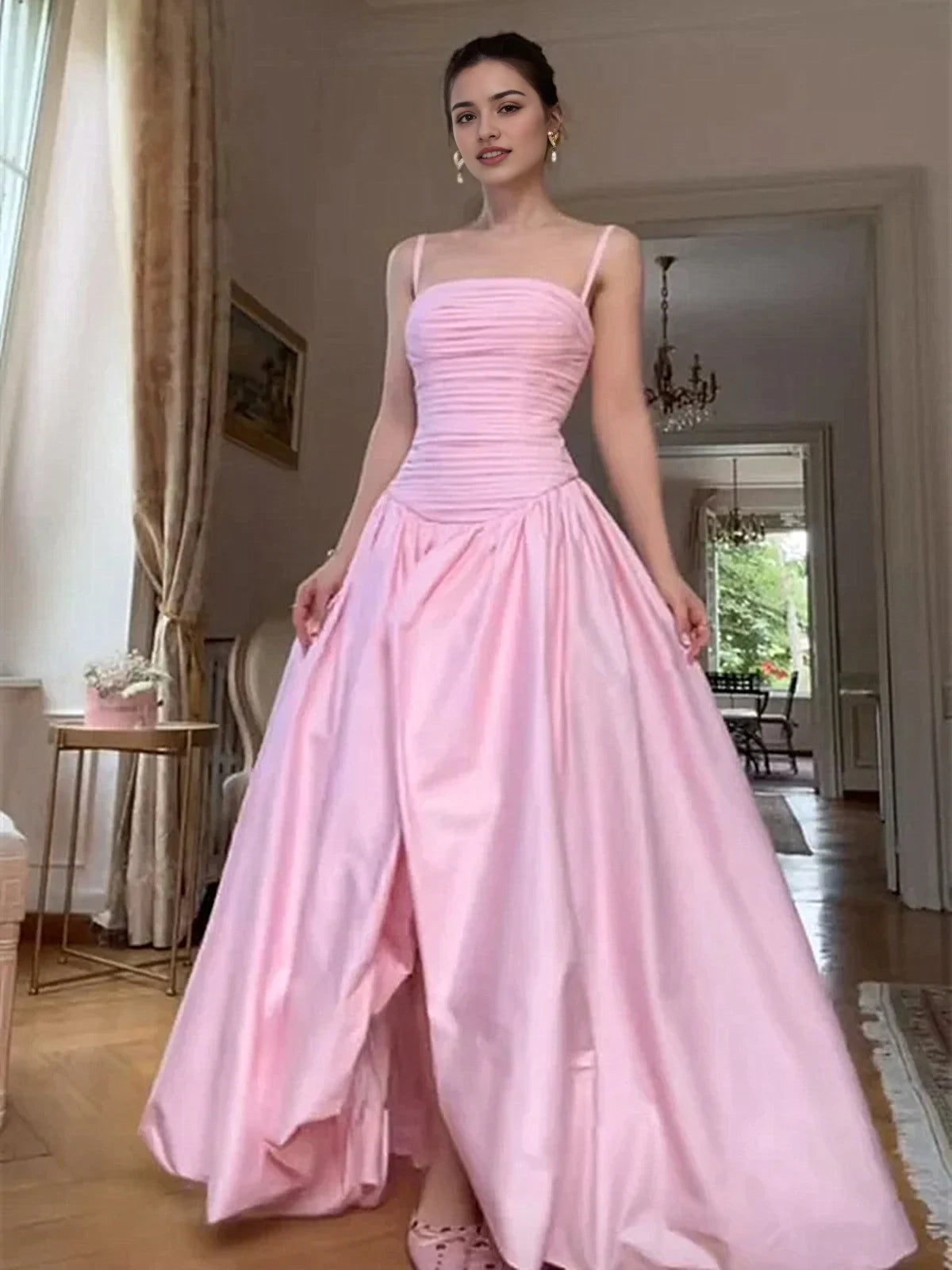 Elegant Pink Ruched Bodice A-Line Spaghetti Straps Long Prom Dress with Slit