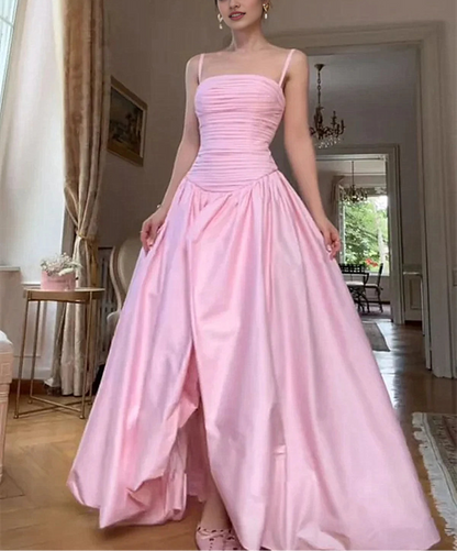Elegant Pink Ruched Bodice A-Line Spaghetti Straps Long Prom Dress with Slit