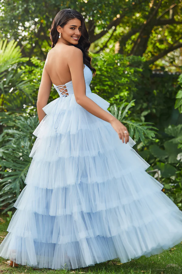 Aimishang Elegant Prom Dresses Ruffles Strapless A-Line Evening Dress Tiered Tulle Long Dress