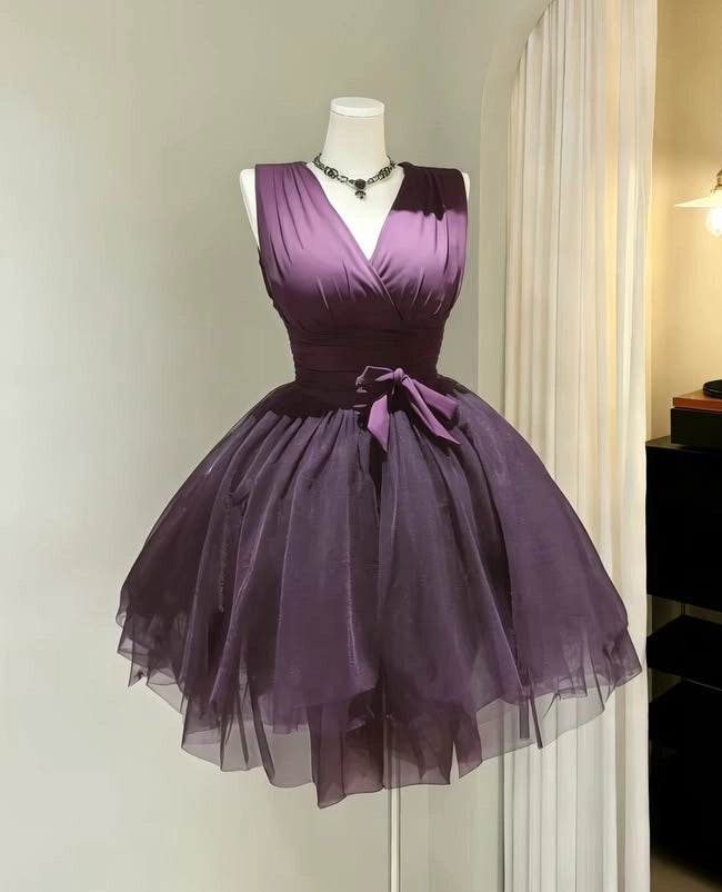 Aimishang Elegant Purple A Line V-neck Sleeveless Short Formal Prom Dress Classy Birthday Homecoming Dress