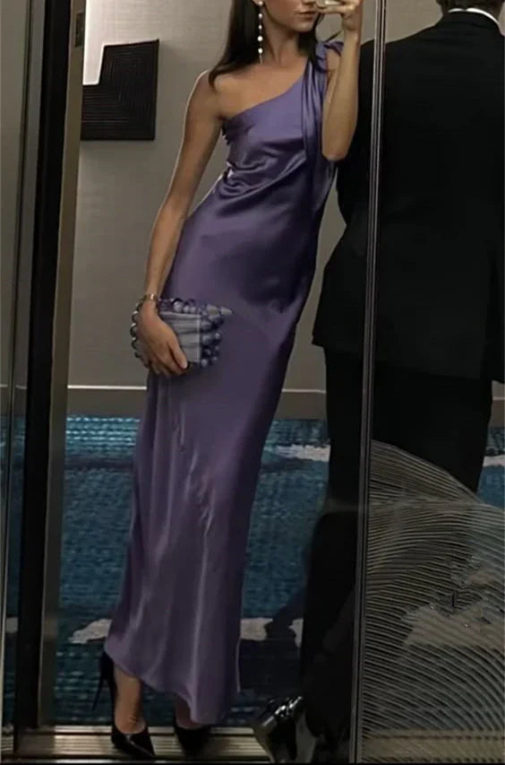 Aimishang Elegant Purple One Shoulder Satin Long Prom Dress Simple Formal Dress Chic Birthday Party Dress