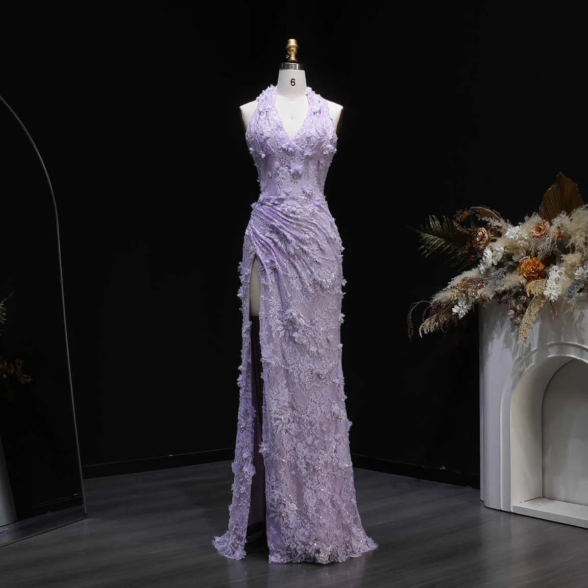 Aimishang Elegant Purple Sheath Halter Sleeveless Lace Floor-Length Prom Dress Women Gown