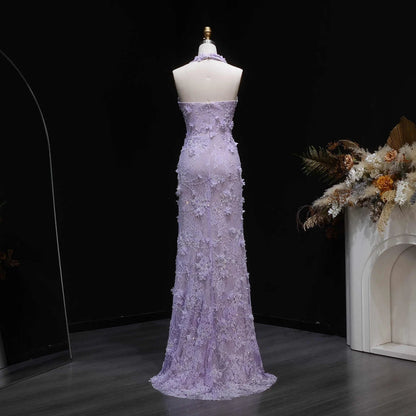 Aimishang Elegant Purple Sheath Halter Sleeveless Lace Floor-Length Prom Dress Women Gown