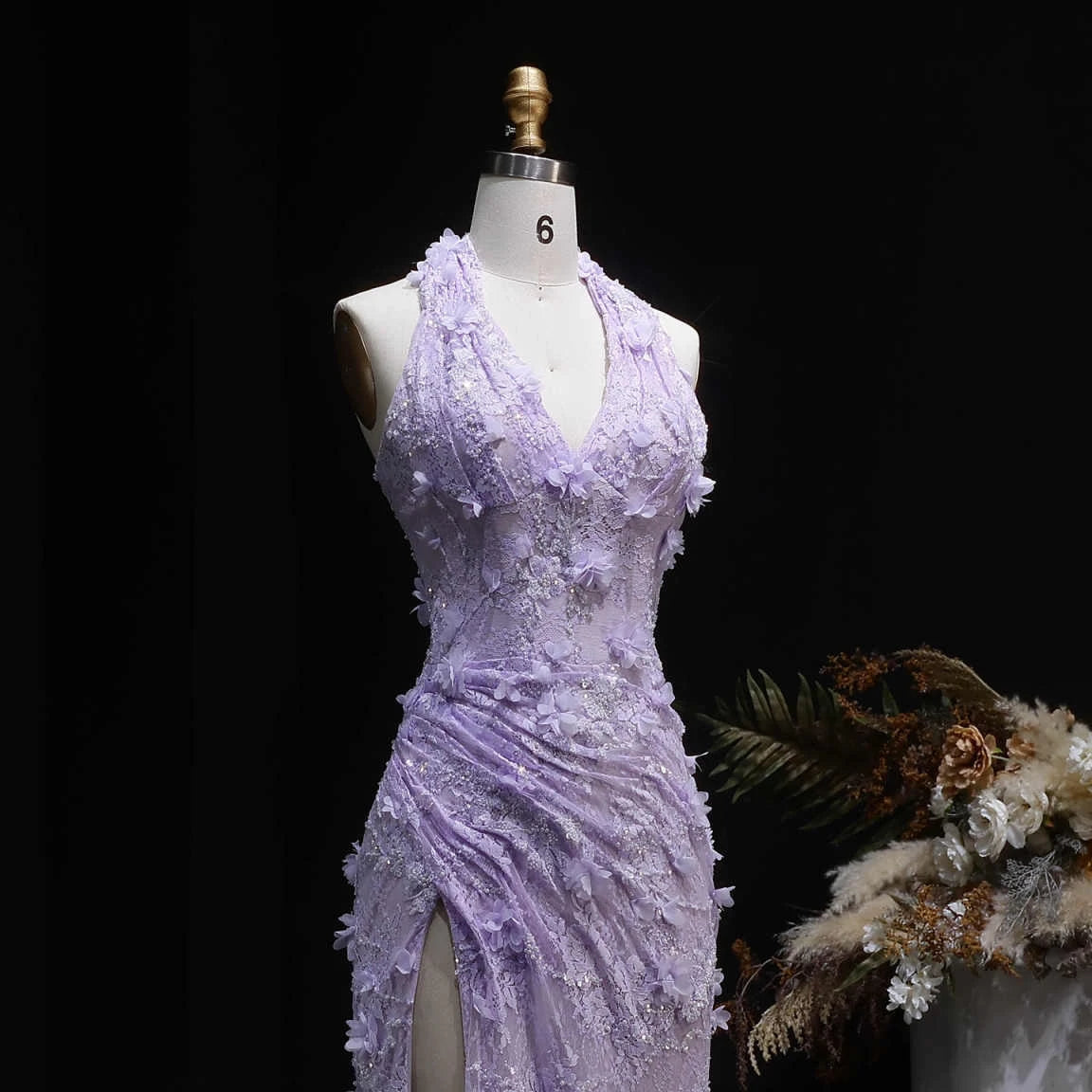 Aimishang Elegant Purple Sheath Halter Sleeveless Lace Floor-Length Prom Dress Women Gown