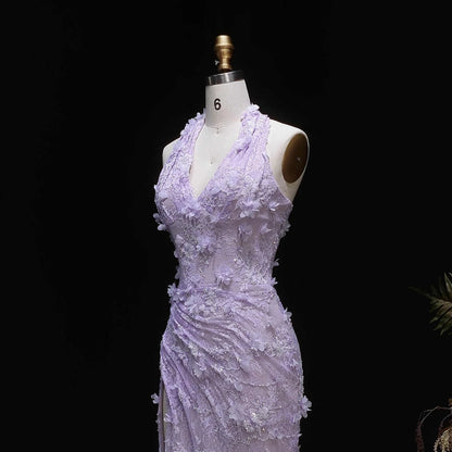 Aimishang Elegant Purple Sheath Halter Sleeveless Lace Floor-Length Prom Dress Women Gown