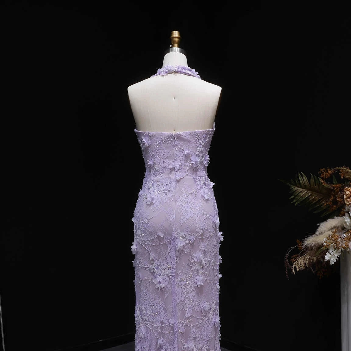 Aimishang Elegant Purple Sheath Halter Sleeveless Lace Floor-Length Prom Dress Women Gown