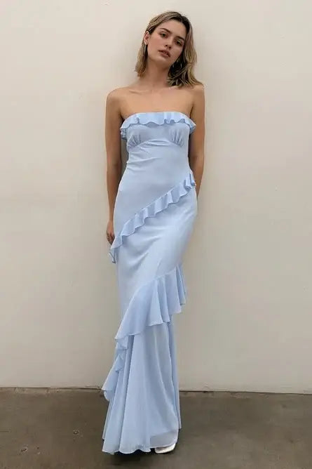 Aimishang Elegant Ruffle Strapless Open Back Sleeveless Blue Evening Party Dress Lovely Long Formal Prom Dress