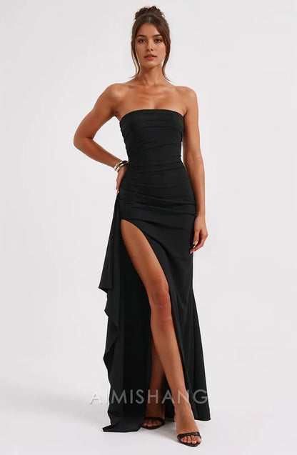 Aimishang Elegant Ruffle Strapless Sleeveless Long Prom Dress Formal Evening Gown with Slit for Women Teens