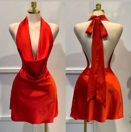 Aimishang Elegant Satin Halter Sleeveless Short Homecoming Dress Stylish Mini Summer Party Dress