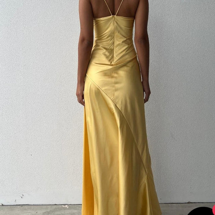 Aimishang Elegant Satin Spaghetti Straps Sleeveless Long Formal Prom Dress With Slit Simple Party Evening Gowns Sweet Graduation Dress