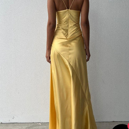 Aimishang Elegant Satin Spaghetti Straps Sleeveless Long Formal Prom Dress With Slit Simple Party Evening Gowns Sweet Graduation Dress