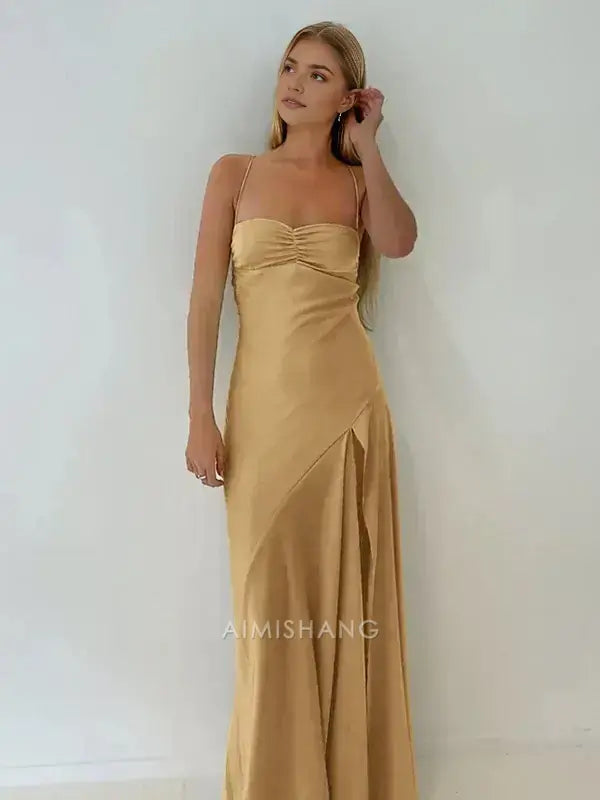 Aimishang Elegant Satin Spaghetti Straps Sleeveless Long Formal Prom Dress With Slit Simple Party Evening Gowns Sweet Graduation Dress