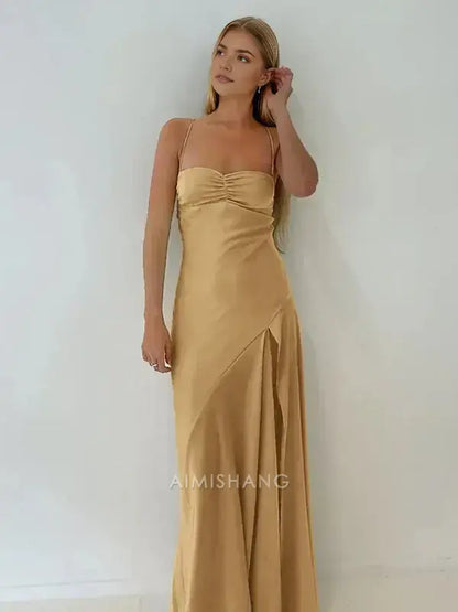 Aimishang Elegant Satin Spaghetti Straps Sleeveless Long Formal Prom Dress With Slit Simple Party Evening Gowns Sweet Graduation Dress