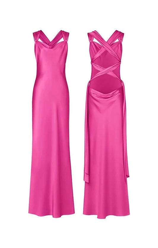 Aimishang Elegant Sheath Cowl Neck Sleeveless Backless Criss-Cross Satin Women's Evening Party Dress