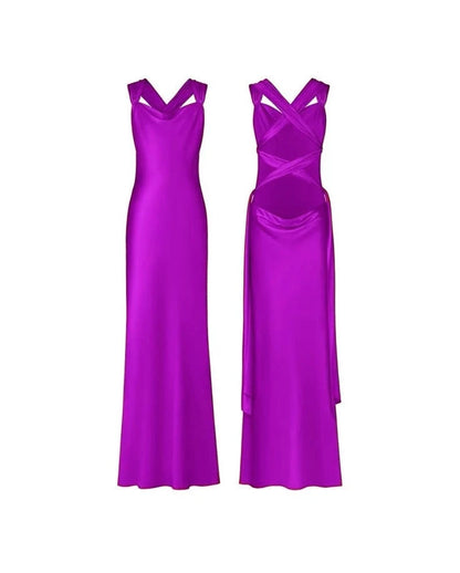 Aimishang Elegant Sheath Cowl Neck Sleeveless Backless Criss-Cross Satin Women's Evening Party Dress