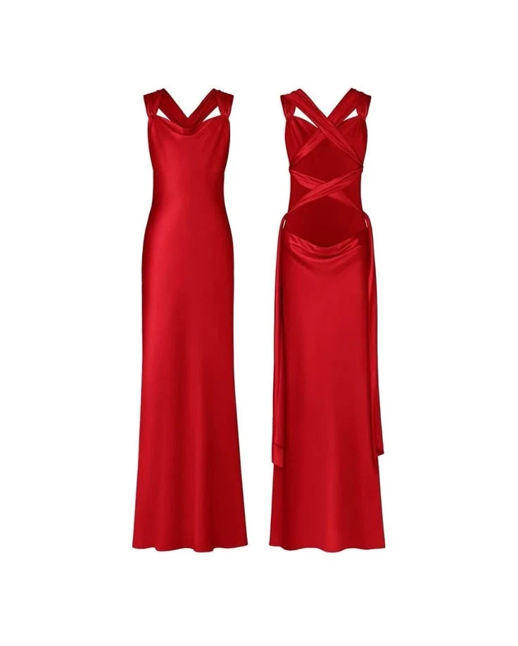 Aimishang Elegant Sheath Cowl Neck Sleeveless Backless Criss-Cross Satin Women's Evening Party Dress