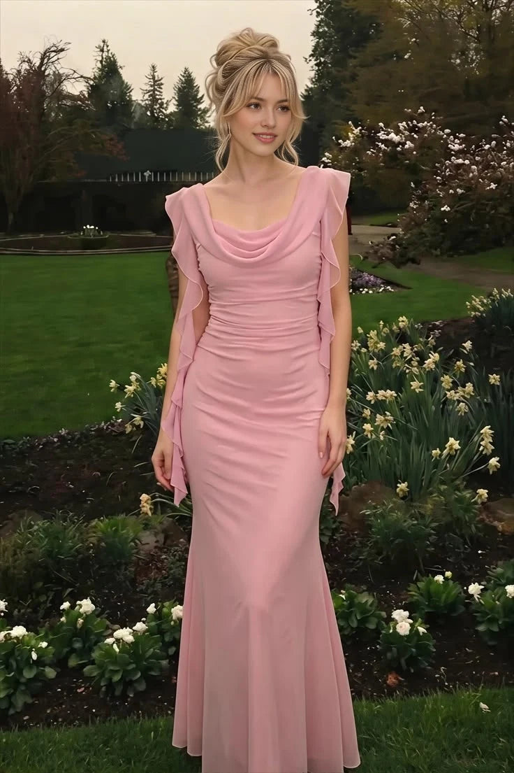 Aimishang Elegant Sheath Cowl Neck Sleeveless Ruched Draped Chiffon Women's Evening Gown Party Dress