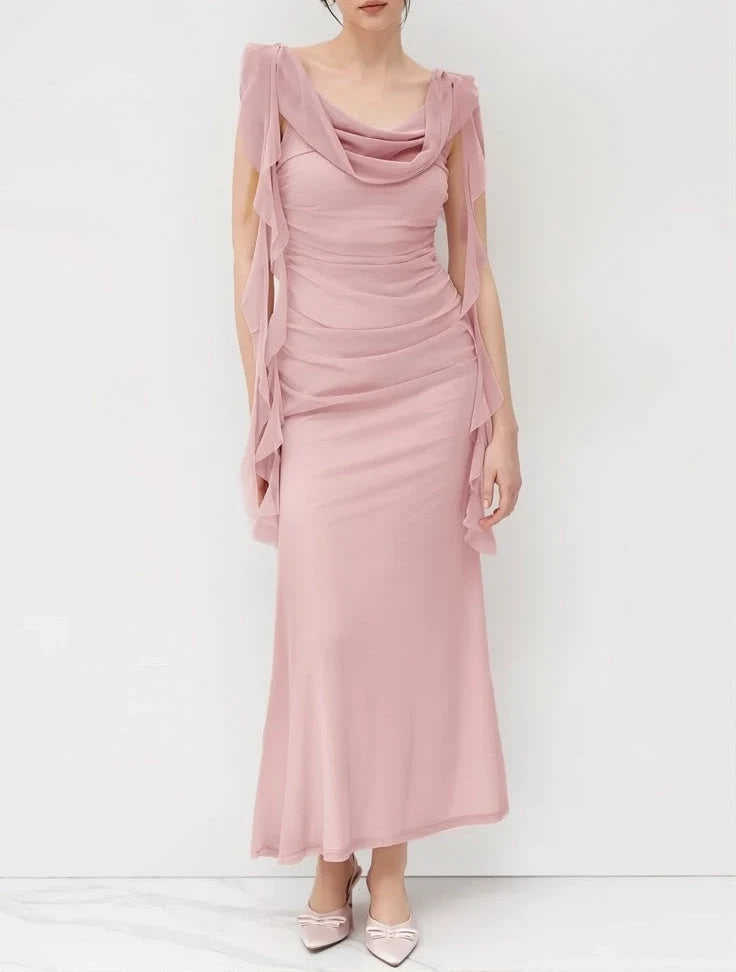 Aimishang Elegant Sheath Cowl Neck Sleeveless Ruched Draped Chiffon Women's Evening Gown Party Dress