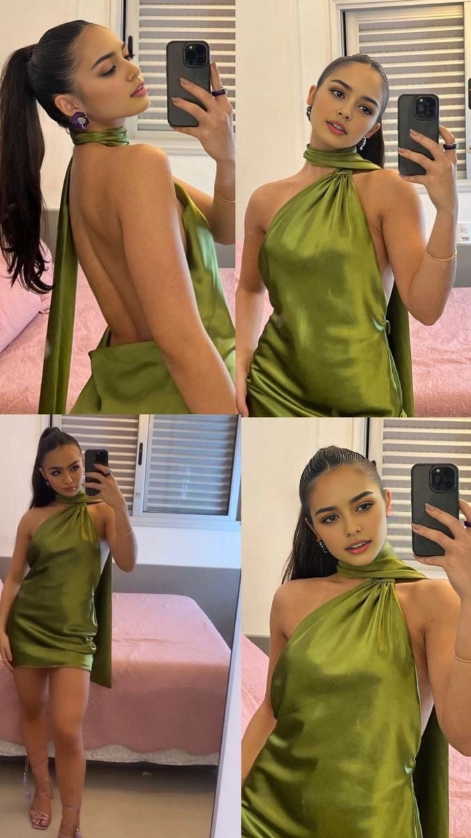 Aimishang Elegant Sheath Halter Sleeveless Backless Green Satin Summer Short Homecoming Dress Chic Graduation Party Dress