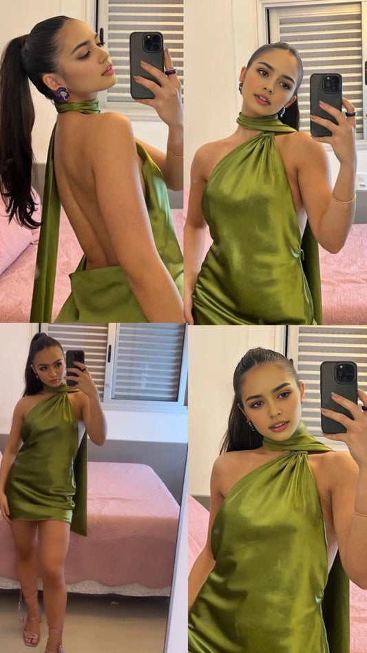 Aimishang Elegant Sheath Halter Sleeveless Backless Green Satin Summer Short Homecoming Dress Chic Graduation Party Dress