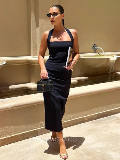 Aimishang Elegant Black Sheath Halter Sleeveless Prom Dress Simple Evening Party Dress Fashion Formal Dress