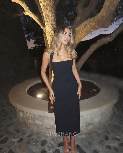 Aimishang Elegant Black Sheath Halter Sleeveless Prom Dress Simple Evening Party Dress Fashion Formal Dress