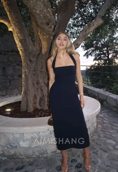 Aimishang Elegant Black Sheath Halter Sleeveless Prom Dress Simple Evening Party Dress Fashion Formal Dress