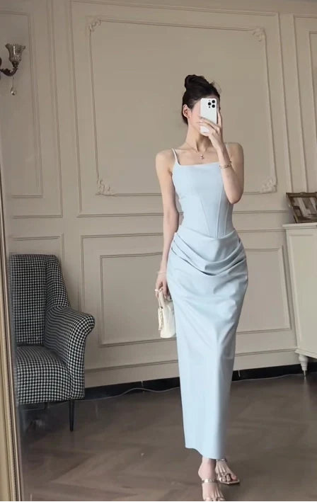 Aimishang Elegant Sheath Light Blue Straps Square Neck Sleeveless Evening Dress Women Party Gown