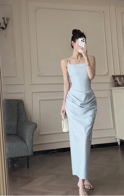 Aimishang Elegant Sheath Light Blue Straps Square Neck Sleeveless Evening Dress Women Party Gown