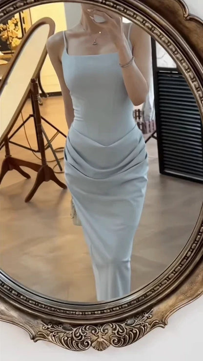 Aimishang Elegant Sheath Light Blue Straps Square Neck Sleeveless Evening Dress Women Party Gown