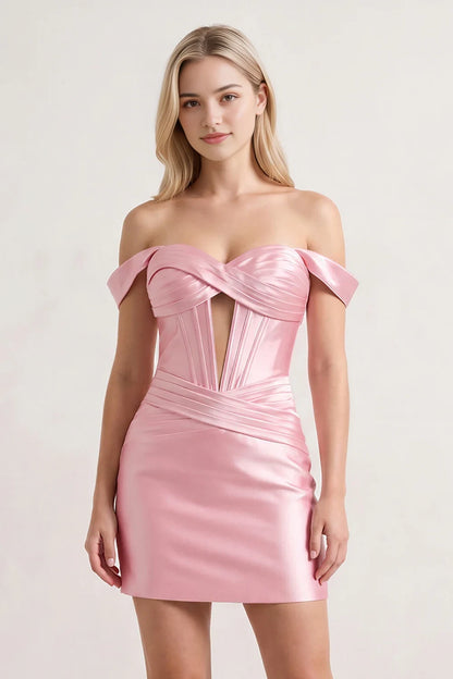 Aimishang Elegant Sheath Off-Shoulder Sweetheart Sleeveless Ruched Satin Short Length Party Homecoming Dress