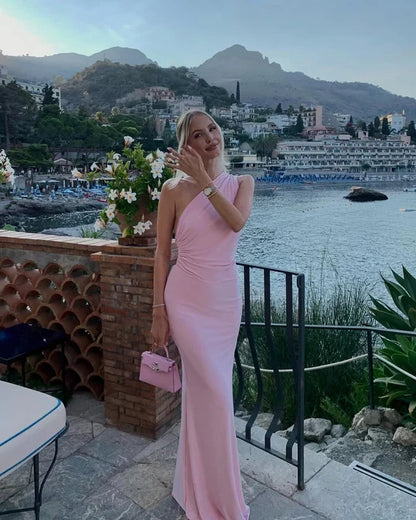 Elegant Sheath One Shoulder Sleeveless Draped Back Tie Gown Women's Evening Party Dress