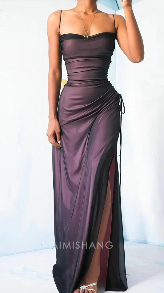 Aimishang Elegant Sheath Spaghetti Straps Party Evening Gowns With Slit Charming Sleeveless Graduation Dress Long Formal Prom Dress No With Gloves