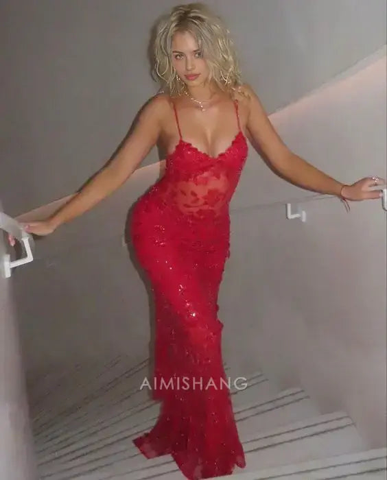 Aimishang Elegant Sheath Spaghetti Straps Red Formal Dress Sparkly Long Prom Dresses Charming Party Evening Gowns